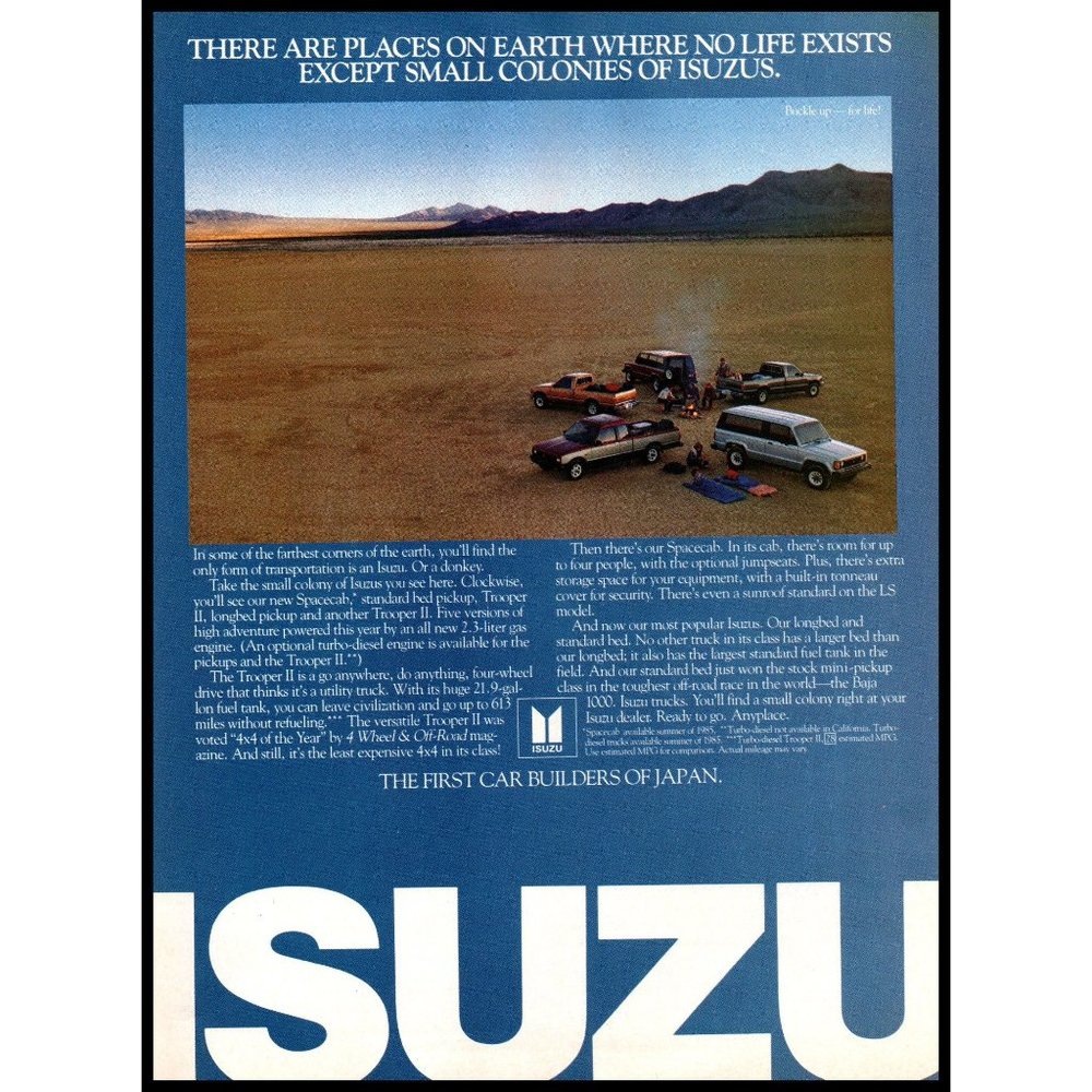 1986 Isuzu Truck SUV Lineup Vintage Print Ad Trooper Pup Pickup Camping Wall Art